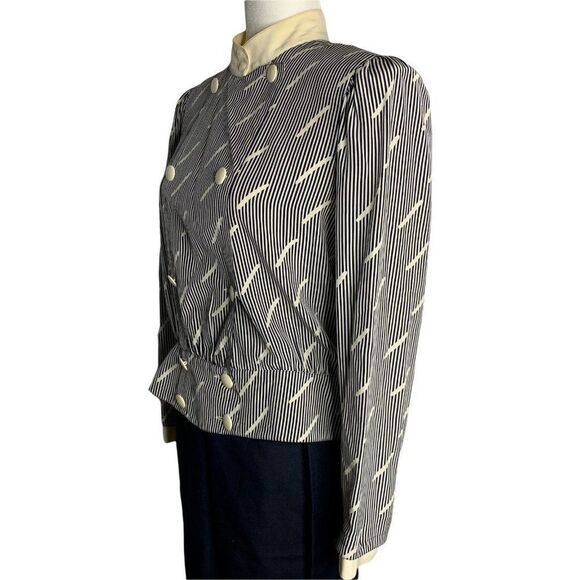 Vintage 80s Louis Feraud Top Skirt Set 12 Navy Blue Linen Silk Stripe - Picture 6 of 9